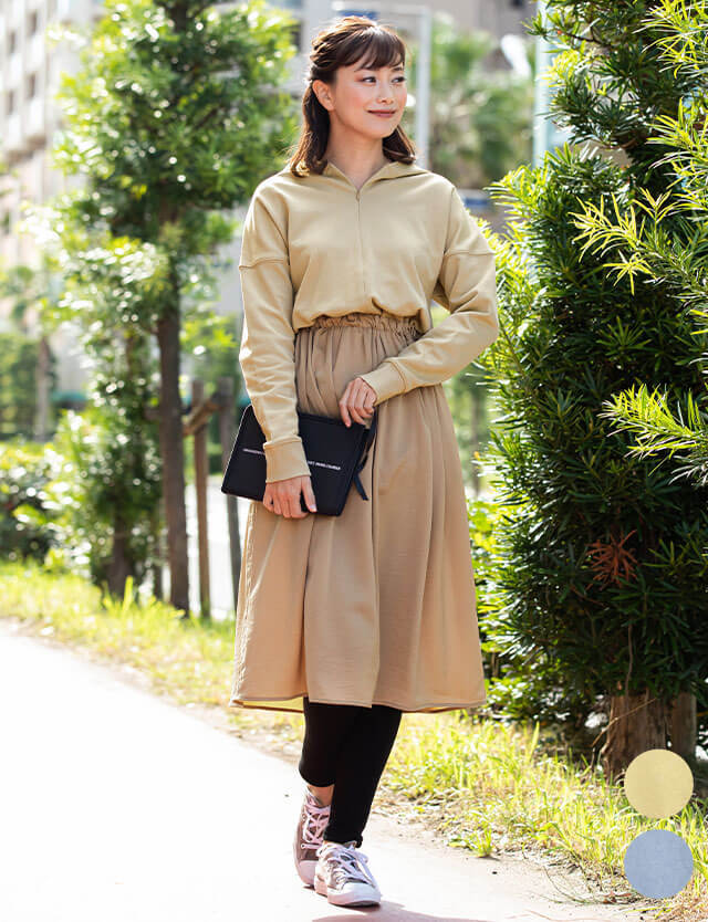 スウェット サテン 異素材ドッキングパーカーワンピース 授乳服マタニティウェア 産前産後兼用