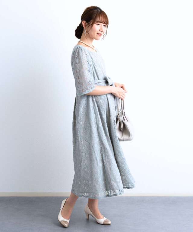 マタニティドレス　結婚式　SWEET MOMMY グレー レース ロングドレス 総レースマタニティロングドレス授乳服 産後も使える【ご試着可