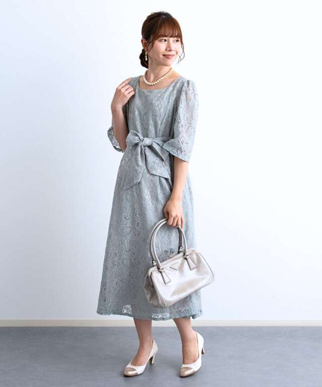 授乳口付きレースロングワンピース マタニティ グレー 総レースマタニティロングドレス授乳服 産後も使える【ご試着可