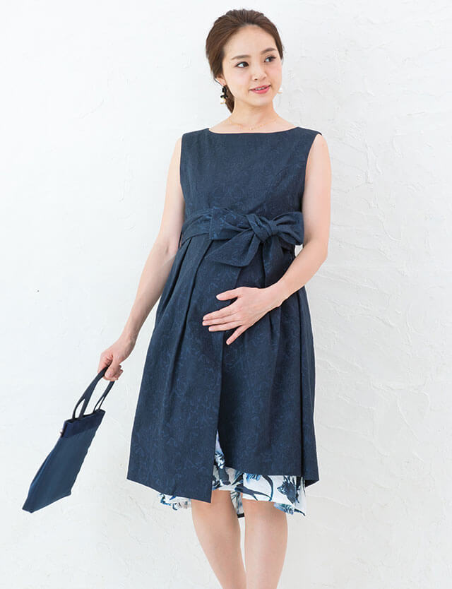 授乳服マタニティフォーマル ストレッチジャガード プリントドレスワンピース