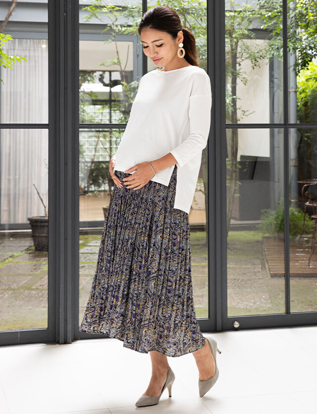 消しプリーツ ロング丈スカート 産前産後兼用 マタニティボトム