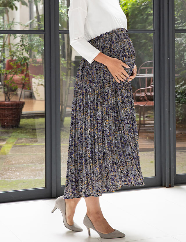 消しプリーツ ロング丈スカート 産前産後兼用 マタニティボトム