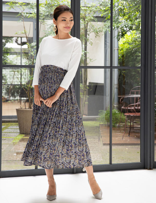 消しプリーツ ロング丈スカート 産前産後兼用 マタニティボトム