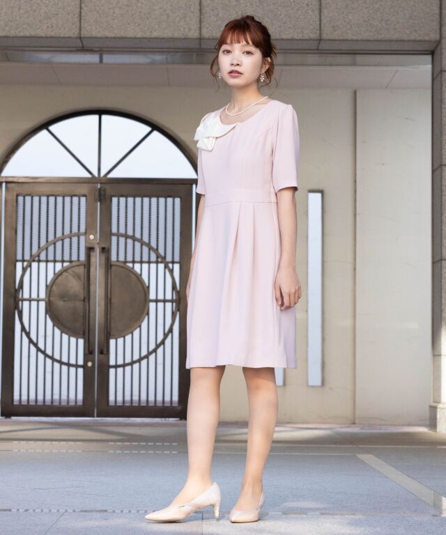 【美品】　授乳服 ワンピース ベージュピンク 授乳服マタニティウェア バイカラーレースワンピース 7分袖