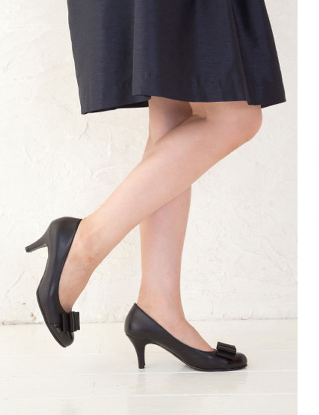 異素材コンビ リボンラウンドトゥパンプス日本製 本革パンプス