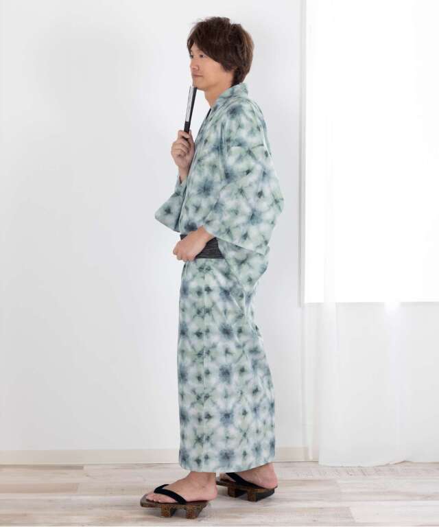 メンズ浴衣 4点セット(ゆかた・作り帯・着付け説明書・保管袋) 接触冷