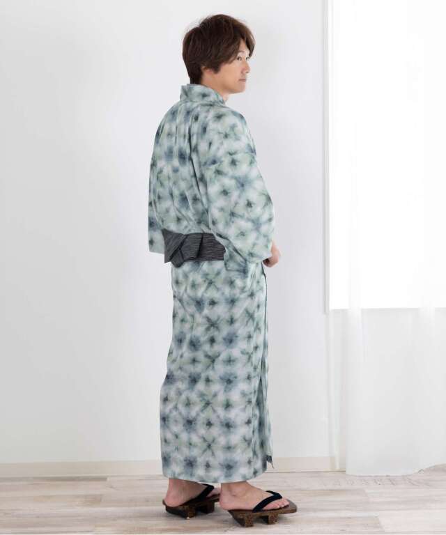 メンズ浴衣 4点セット(ゆかた・作り帯・着付け説明書・保管袋) 接触冷