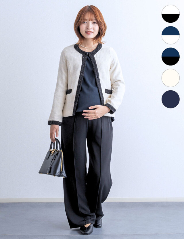 【セット特別価格】フォーマル ワイドパンツスーツ＆ツイードジャケット2点セット マタニティ 授乳服 産後も使える【ご試着可】