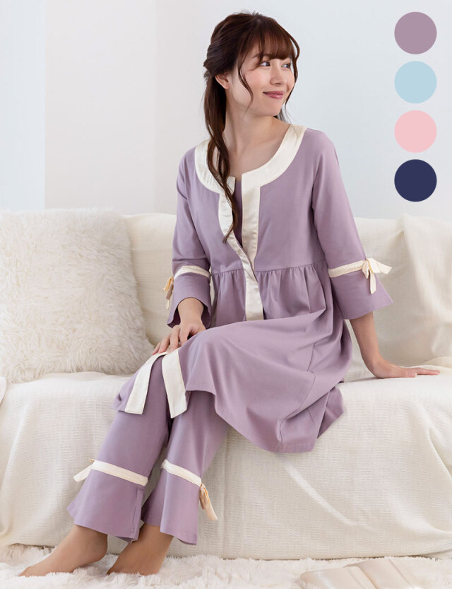 マタニティ授乳服 サテンパイピングナイティ 前開きパジャマ/産前産後 