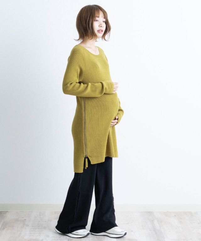 オーガニックコットン100％ニット サイドスリット ラウンドネック