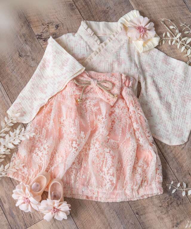 華やかレースの 2ピース ベビー袴 豪華3点セット 50 60 70 80 90