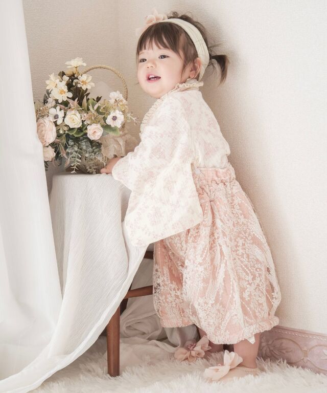 華やかレースの 2ピース ベビー袴 豪華3点セット 50 60 70 80 90