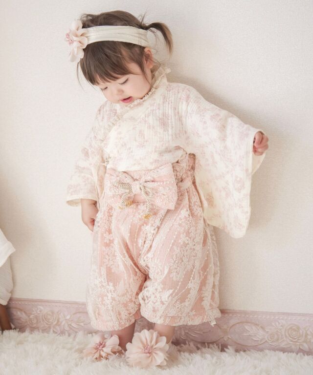 華やかレースの 2ピース ベビー袴 豪華3点セット 50 60 70 80 90