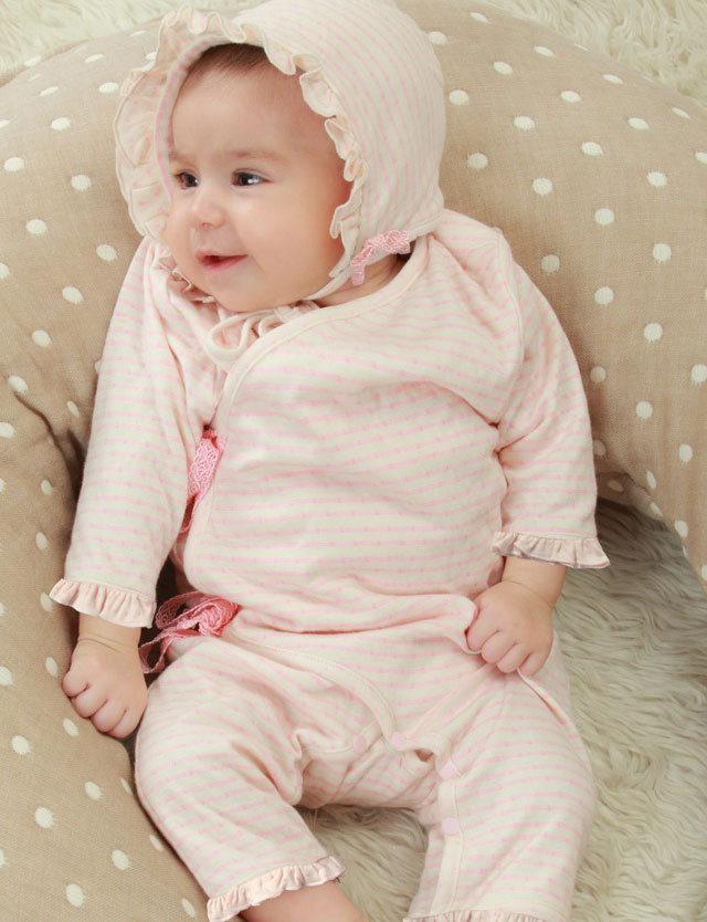 日本製 オーガニックコットン 接結ガーゼ ボーダーカバーオール 3点