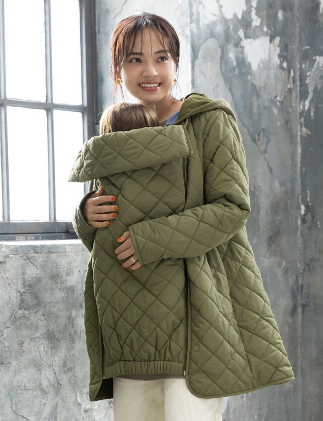 【訳ありアウトレット】※フードなし※抱っこ・おんぶOK！超軽量 撥水キルティングママコート 産前産後兼用