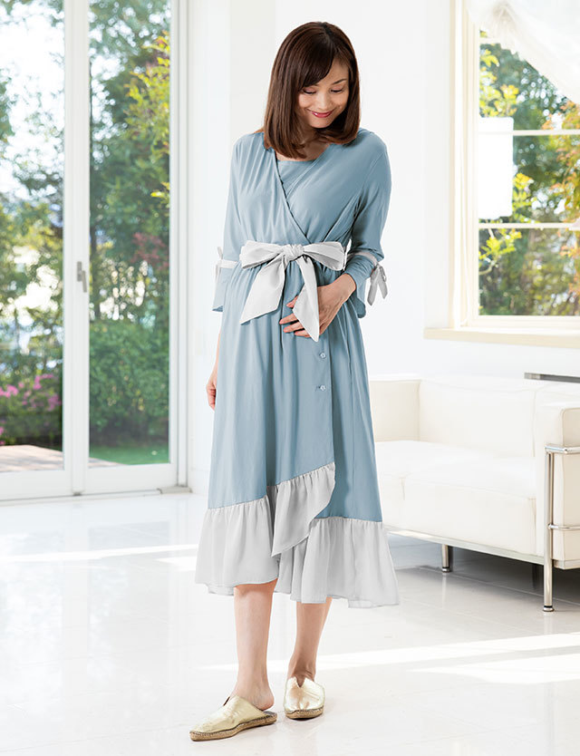 カシュクールストライプナイティ マタニティ パジャマ 授乳口付き