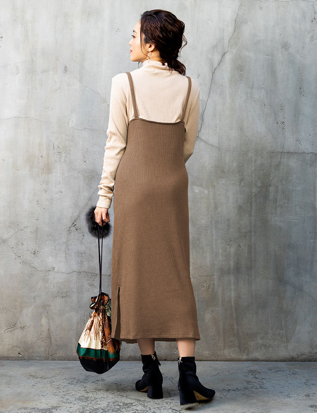 重ね着風リブニットワンピ 選べる襟 授乳服 マタニティウェア