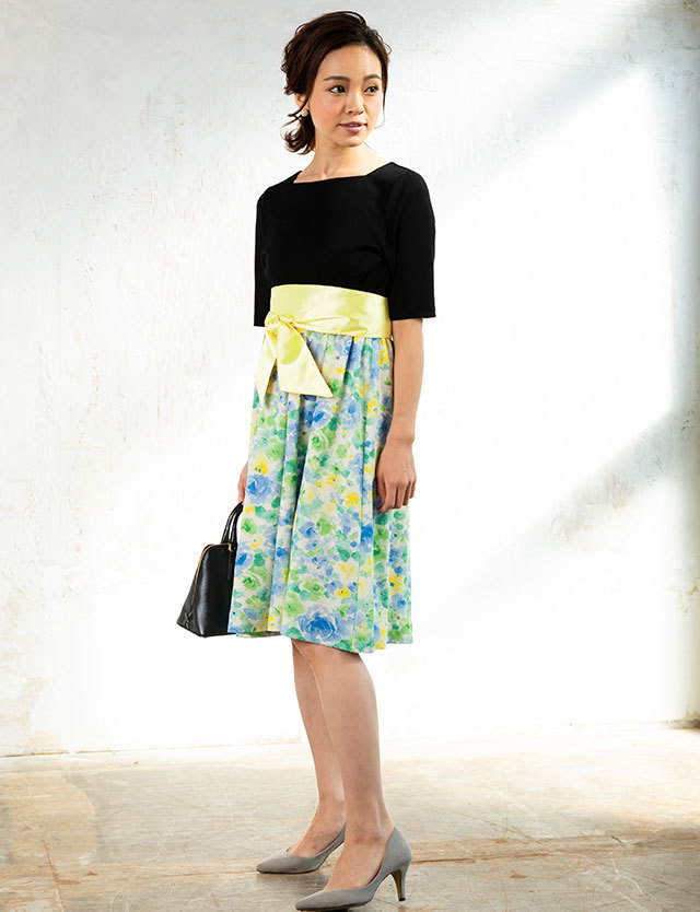 花柄ちりめん3ピース授乳ワンピース ショート丈授乳トップス キャミワンピとベルトの3点セット 授乳服マタニティウェア