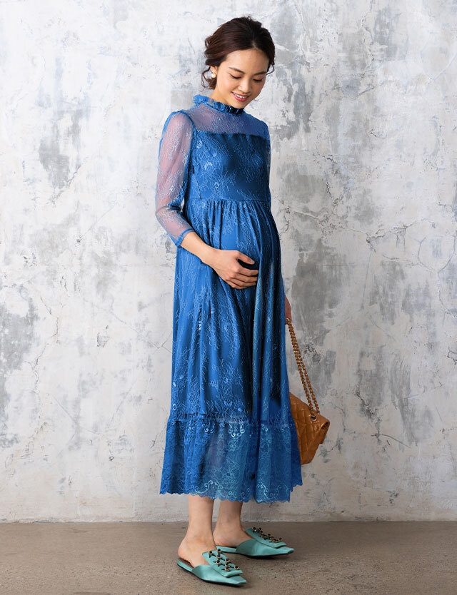 フリル立ち襟総レースマタニティワンピース