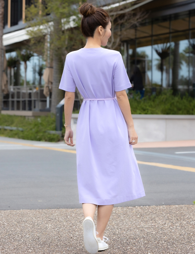 Sov.　ボウタイペイズリーワンピース　ベルト　プリーツ　パープル　36 授乳服マタニティウェア シンプルロングTワンピース ベルト付き