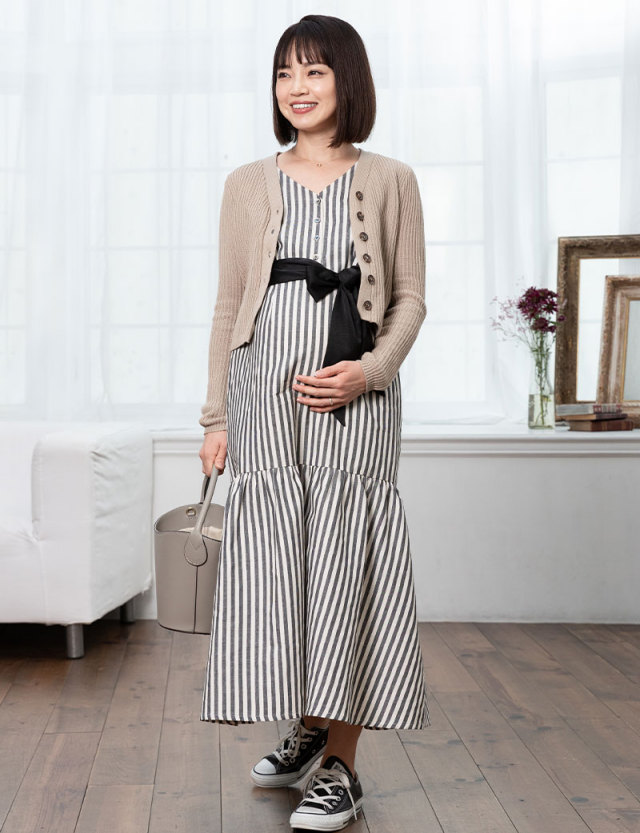 【未使用含む】ハンドメイド URAH様ワンピース＆パンツ＆ヘッドドレス6点セット マーメイドライン ストライプワンピース マタニティ 授乳服 産後も