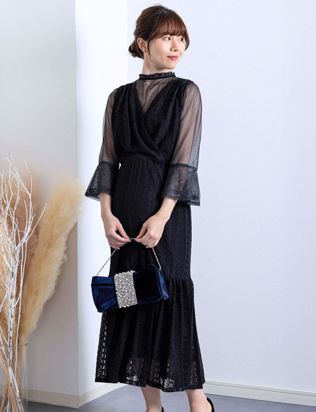 重ね着風カシュクールレースロングワンピース 産前産後兼用 授乳服マタニティ【ご試着可】