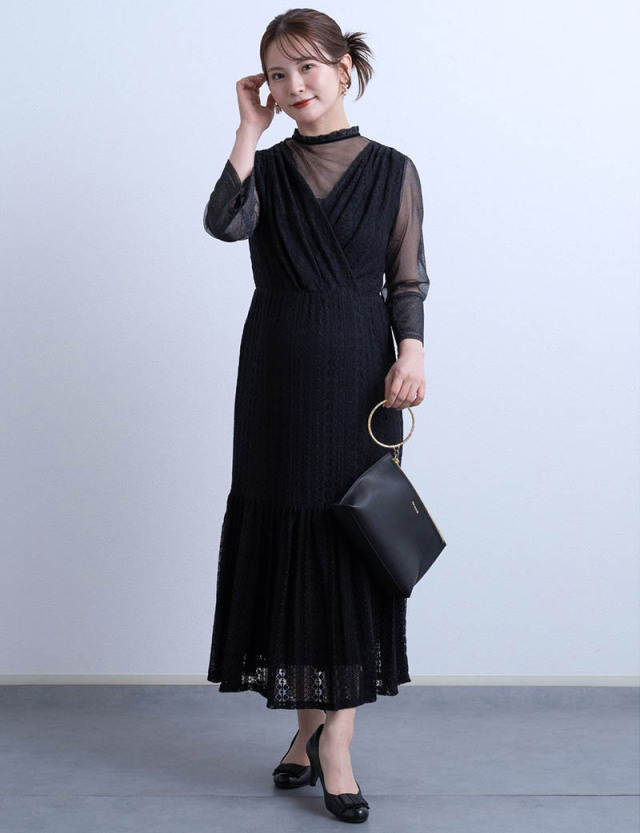 重ね着風カシュクールレースロングワンピース 産前産後兼用 授乳服マタニティ【ご試着可】