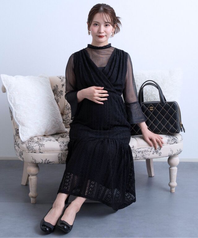 重ね着風カシュクールレースロングワンピース 産前産後兼用 授乳服