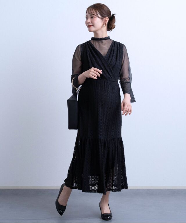 重ね着風カシュクールレースロングワンピース 産前産後兼用 授乳服