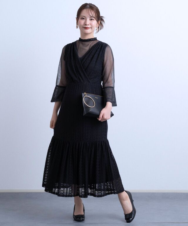 重ね着風カシュクールレースロングワンピース 産前産後兼用 授乳服