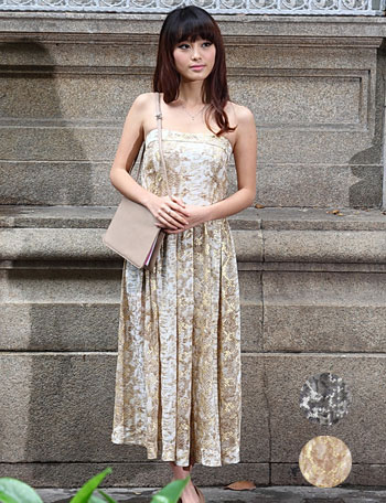  【SALE】優雅な輝きを放つ箔プリント シフォン授乳ロングワンピース