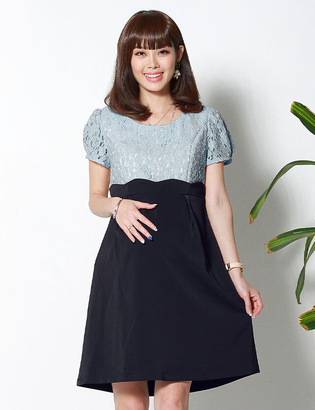 ウエストスカラ バイカラーレースワンピース 授乳服マタニティウェア ウエストスカラ バイカラーレースワンピース 授乳服マタニティウェア