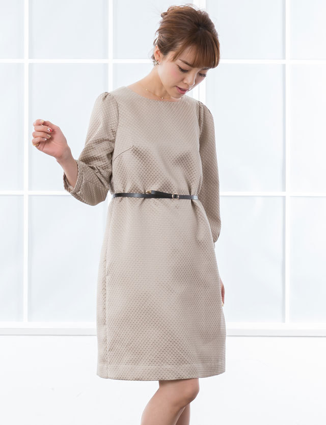 【訳ありアウトレット】ジャガードAラインワンピース レザーベルト付き so6009 ママドレス/オフィス/授乳服/マタニティウェア