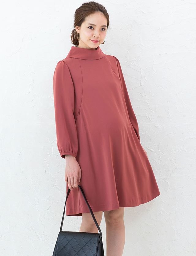 【訳ありアウトレット】授乳服マタニティウェア ハイネック Aライン授乳ワンピース