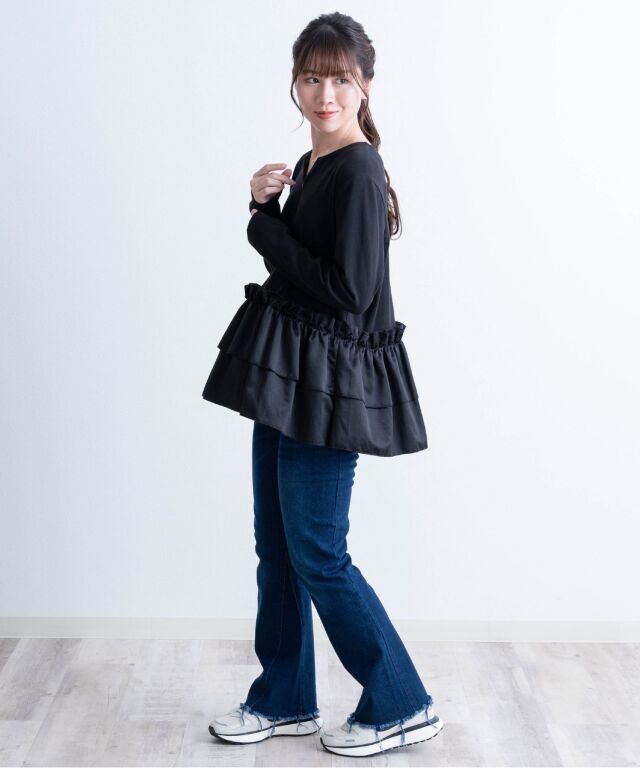 裾フリンジマタニティフレアデニム マタニティパンツ 産前産後兼用