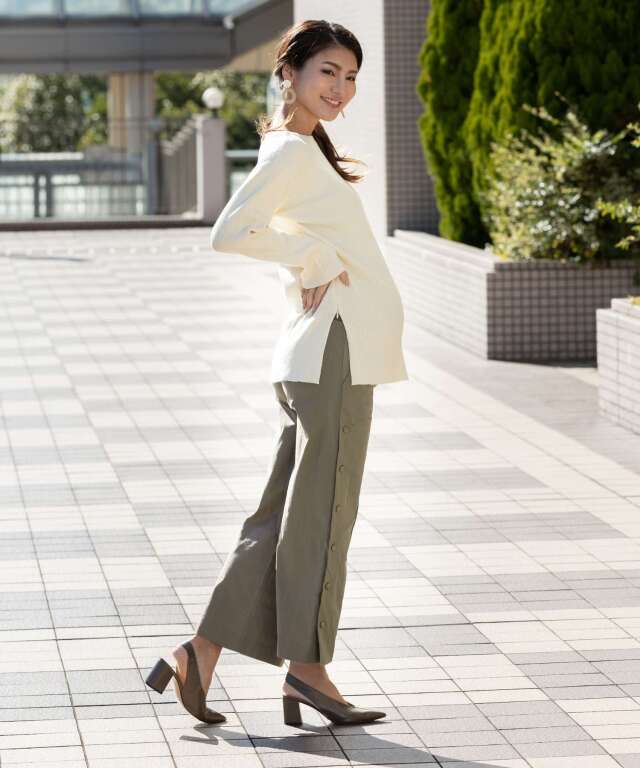 サイドボタン ワイドパンツ 産前産後兼用| マタニティウェア・授乳服の