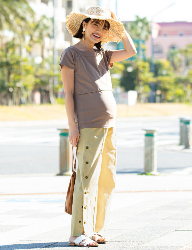 サイドボタン ワイドパンツ 産前産後兼用| マタニティウェア・授乳服の