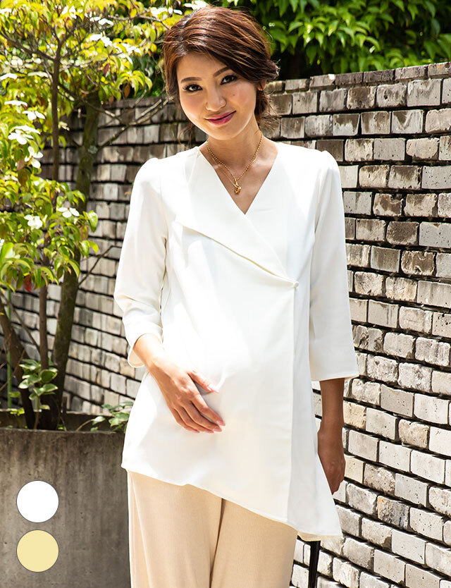 【訳ありアウトレット】アシンメトリー 授乳トップス 丈長きれいめブラウス