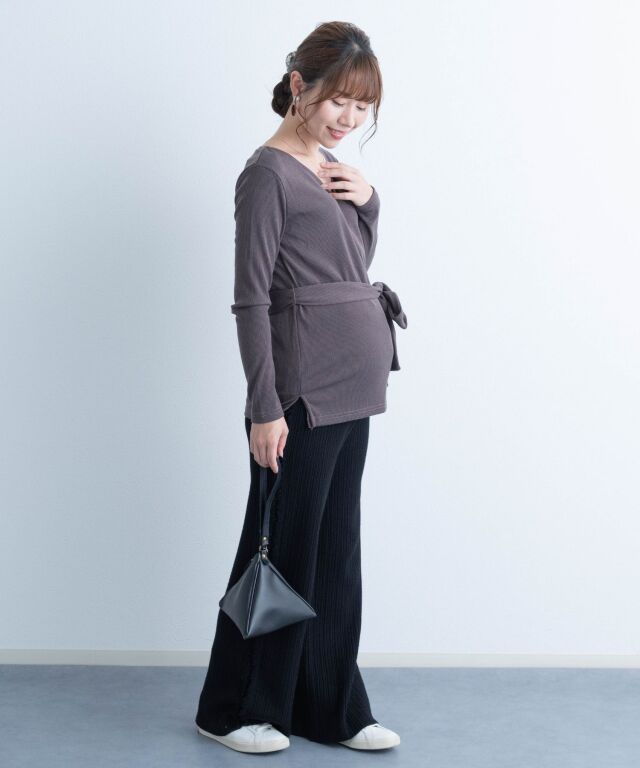 リブニットカシュクールトップス 産前産後兼用 授乳服マタニティウェア