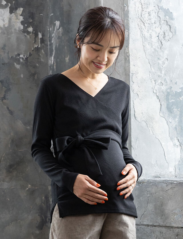 リブニットカシュクールトップス 産前産後兼用 授乳服マタニティウェア