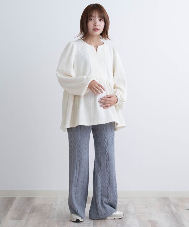 ペプラムニットトップス マタニティ 授乳服 産後も使える | マタニティ