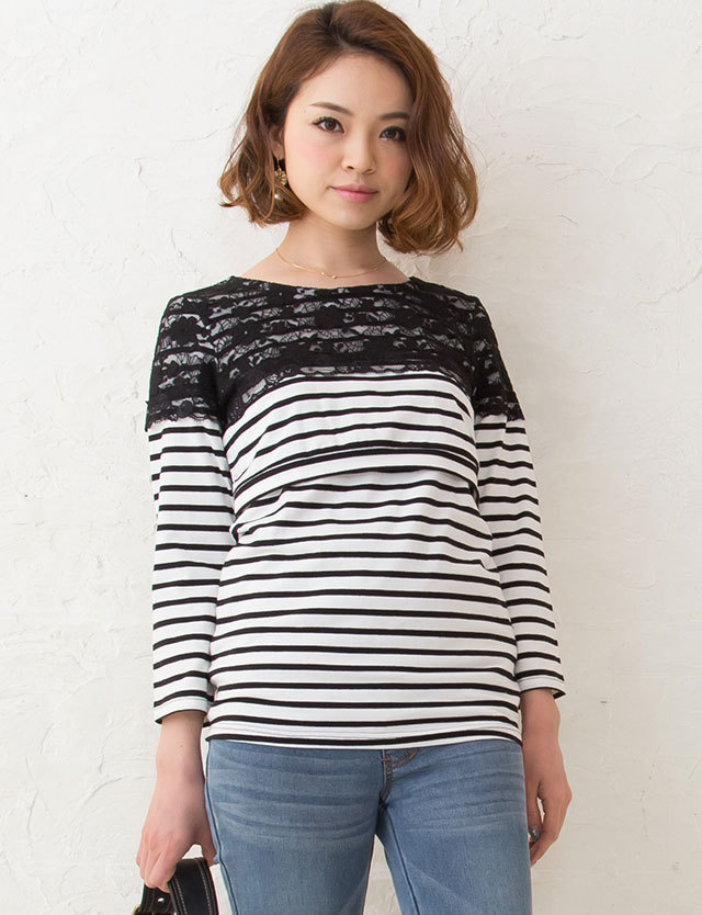 授乳服マタニティウェア レース×ボーダー授乳トップス 8分袖 st5081