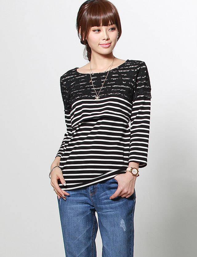 マタニティ授乳服 レース×ボーダー授乳トップス 8分袖 Tシャツ | スウィートマミー本店 マタニティ授乳服 レース×ボーダー授乳トップス 8分袖 Tシャツ | スウィートマミー本店