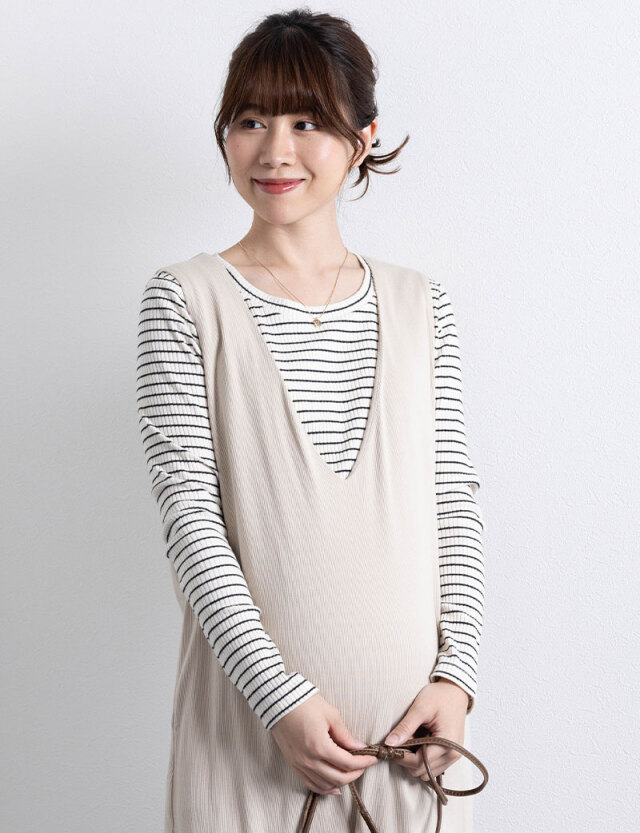 コットンリブ素材 シンプル授乳トップス 長袖ロングT マタニティウェア