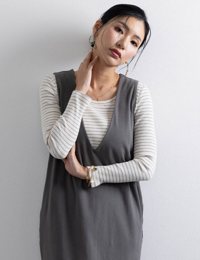 コットンリブ素材 シンプル授乳トップス 長袖ロングT マタニティウェア