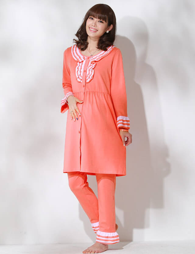 マタニティ授乳服 ツートーンミニフリルナイティ 授乳口付 パジャマ3点セット