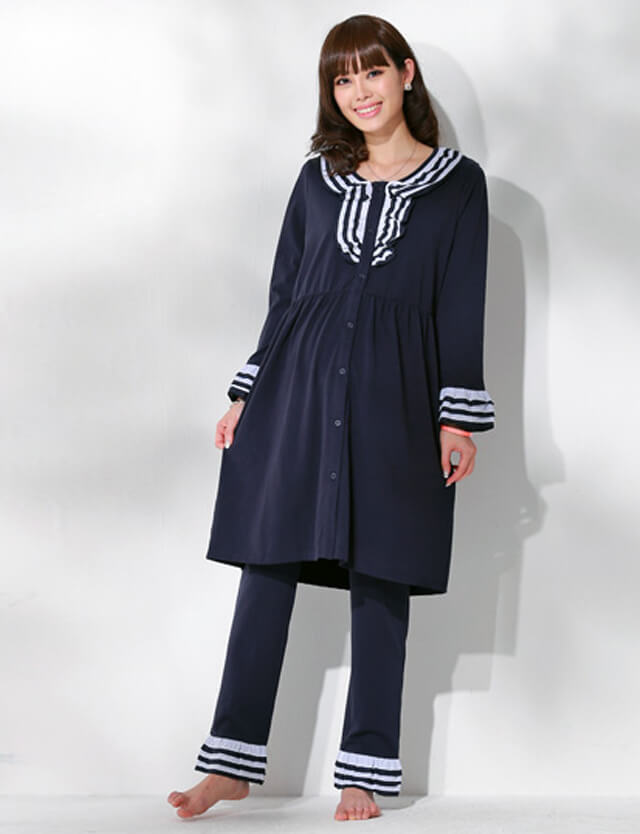 マタニティ授乳服 ツートーンミニフリルナイティ 授乳口付 パジャマ3点セット