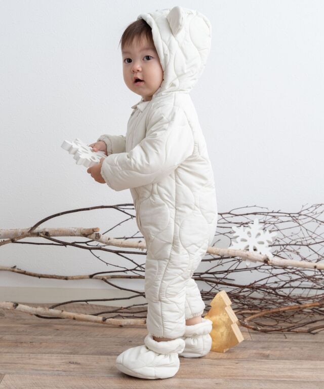 familiar ジャンプスーツ (白) 兼おくるみ くま 60 くるみ スナップ ボタン