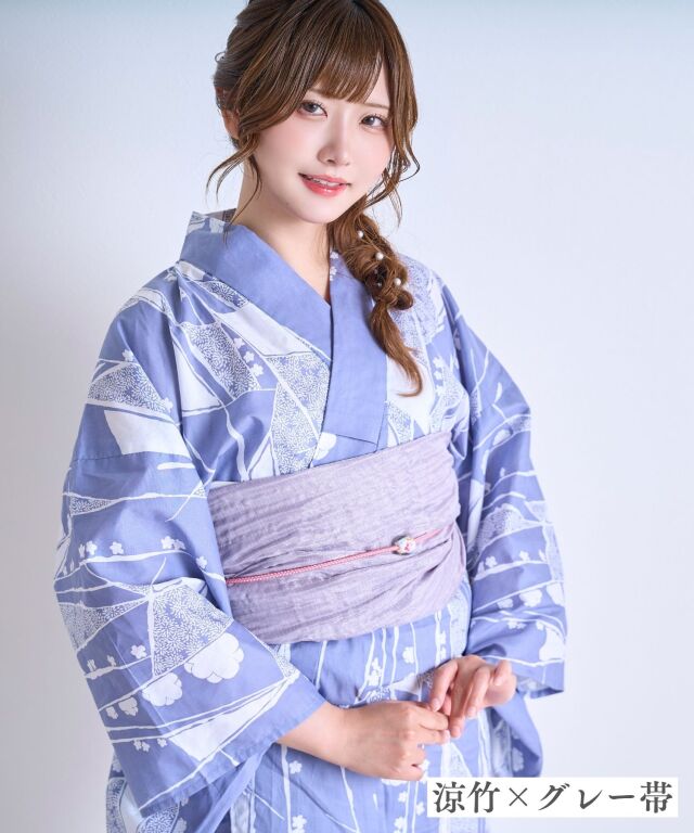 y7 新品 綿麻 水彩調 レディース 浴衣・半幅帯・帯締め（蜻蛉玉付き