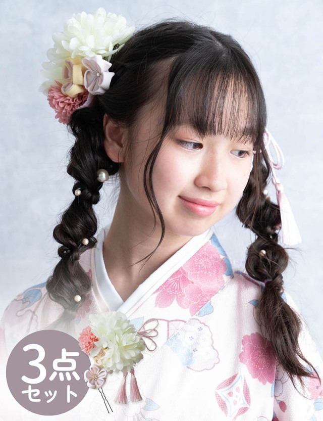 子どもから大人まで使える！つまみ細工 ヘアコーム＆タッセルピン＆つまみ細工ピン 3点セット